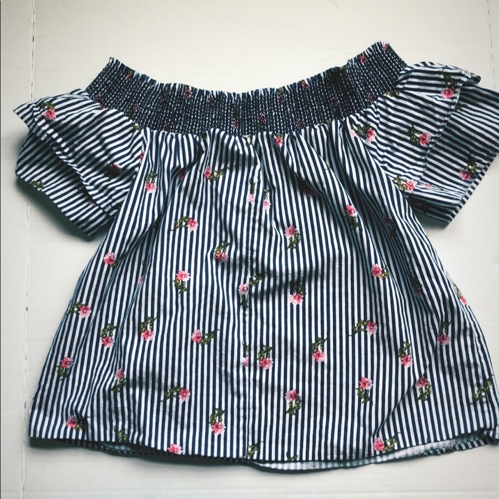 Stripe seersucker off the shoulder smocked top
